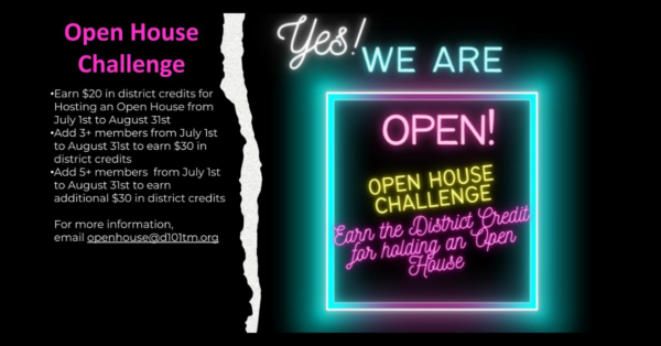 Open House challenge flyer with details on how to earn credits for Toastmasters club